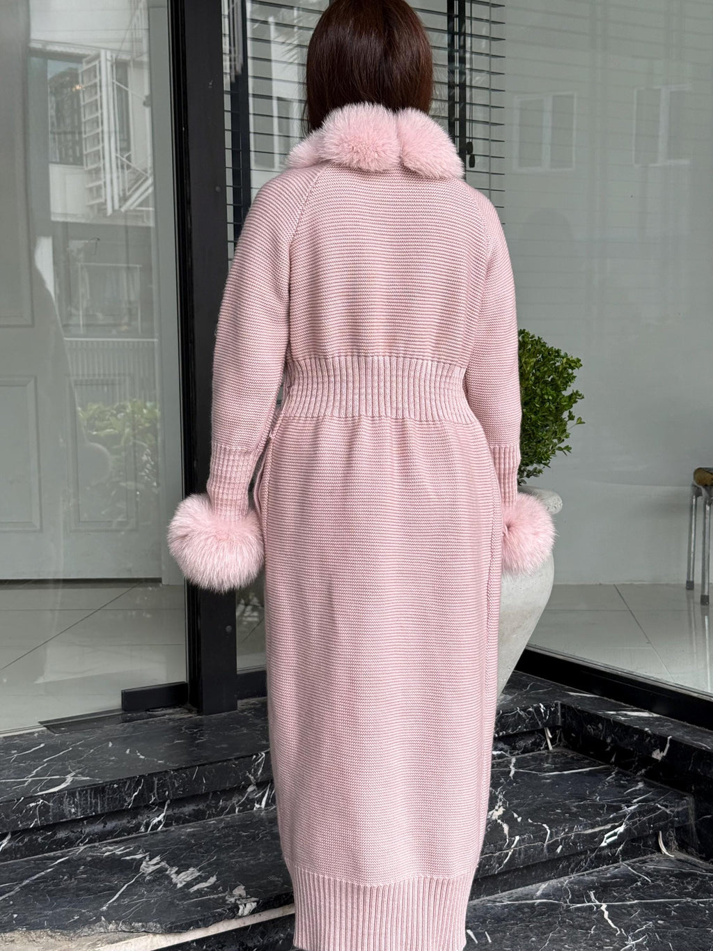 Pink Handmade Women Luxury Knit Cardigan with Real Fox Fur Coat –Handcrafted Long Knitwear Coat – Elegant Cable Knit Outerwear for Women