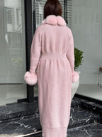 Pink Handmade Women Luxury Knit Cardigan with Real Fox Fur Coat –Handcrafted Long Knitwear Coat – Elegant Cable Knit Outerwear for Women