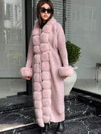 Pink Handmade Women Luxury Knit Cardigan with Real Fox Fur Coat –Handcrafted Long Knitwear Coat – Elegant Cable Knit Outerwear for Women