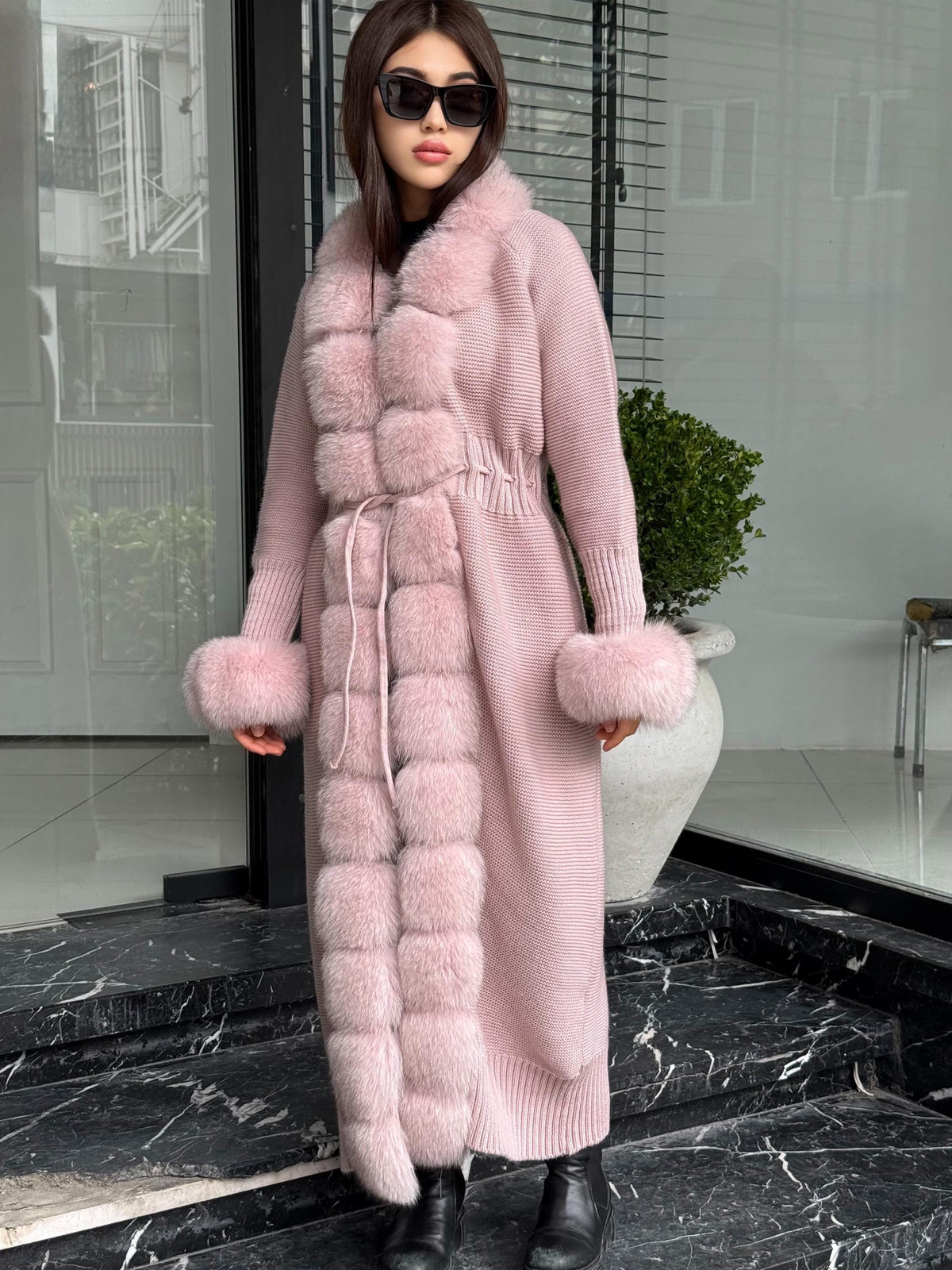 Pink Handmade Women Luxury Knit Cardigan with Real Fox Fur Coat –Handcrafted Long Knitwear Coat – Elegant Cable Knit Outerwear for Women