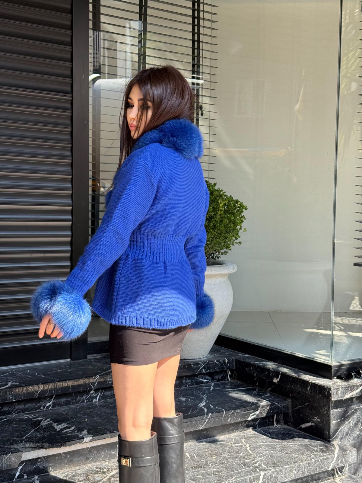 Sax Blue Handmade Women Luxury Knit Cardigan with Real Fox Fur Trim Jacket –Handcrafted Short Knitwear jacket – Elegant Outerwear for Women