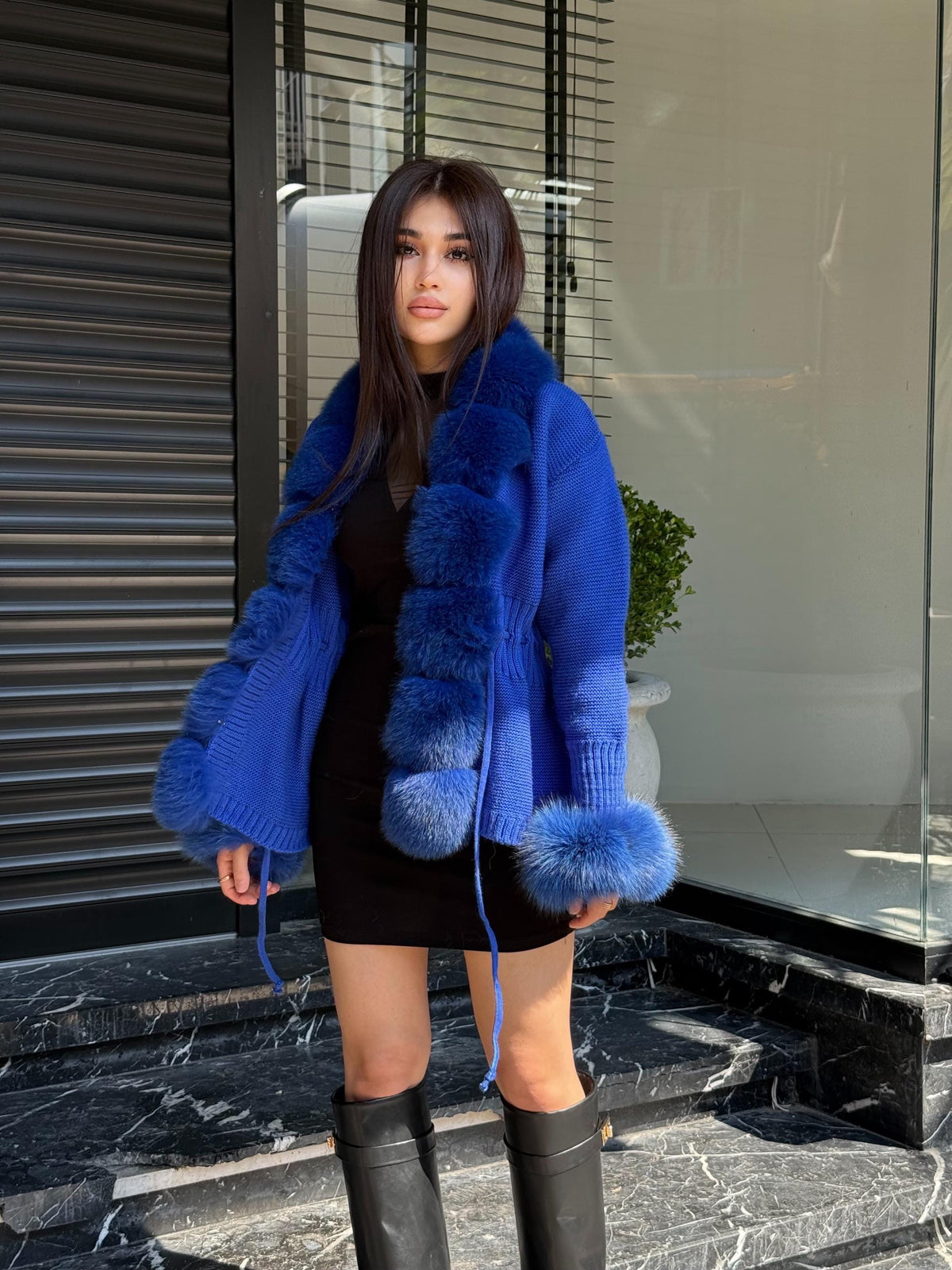 Sax Blue Handmade Women Luxury Knit Cardigan with Real Fox Fur Trim Jacket –Handcrafted Short Knitwear jacket – Elegant Outerwear for Women