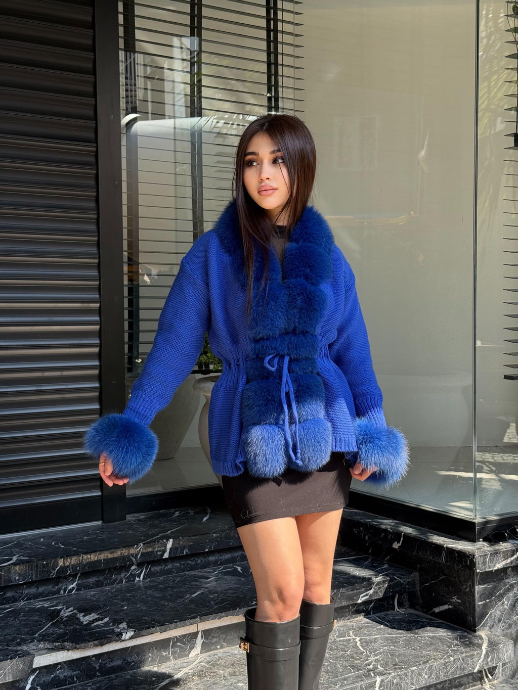 Sax Blue Handmade Women Luxury Knit Cardigan with Real Fox Fur Trim Jacket –Handcrafted Short Knitwear jacket – Elegant Outerwear for Women
