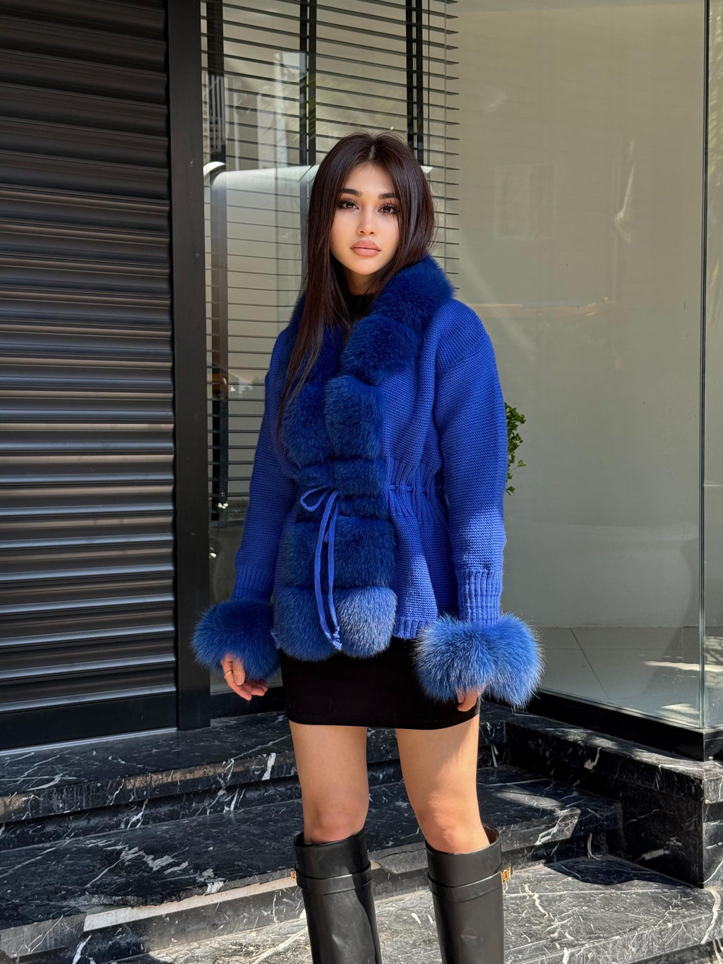 Sax Blue Handmade Women Luxury Knit Cardigan with Real Fox Fur Trim Jacket –Handcrafted Short Knitwear jacket – Elegant Outerwear for Women