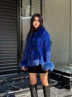 Sax Blue Handmade Women Luxury Knit Cardigan with Real Fox Fur Trim Jacket –Handcrafted Short Knitwear jacket – Elegant Outerwear for Women