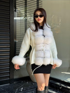 White Handmade Women Luxury Knit Cardigan with Real Fox Fur Trim Jacket –Handcrafted Short Knitwear jacket – Elegant Outerwear for Women