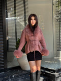 Dark Pink Handmade Women Luxury Knit Cardigan with Fox Fur Jacket –Handcrafted Short Knitwear jacket –Elegant Cable Knit Outerwear for Women