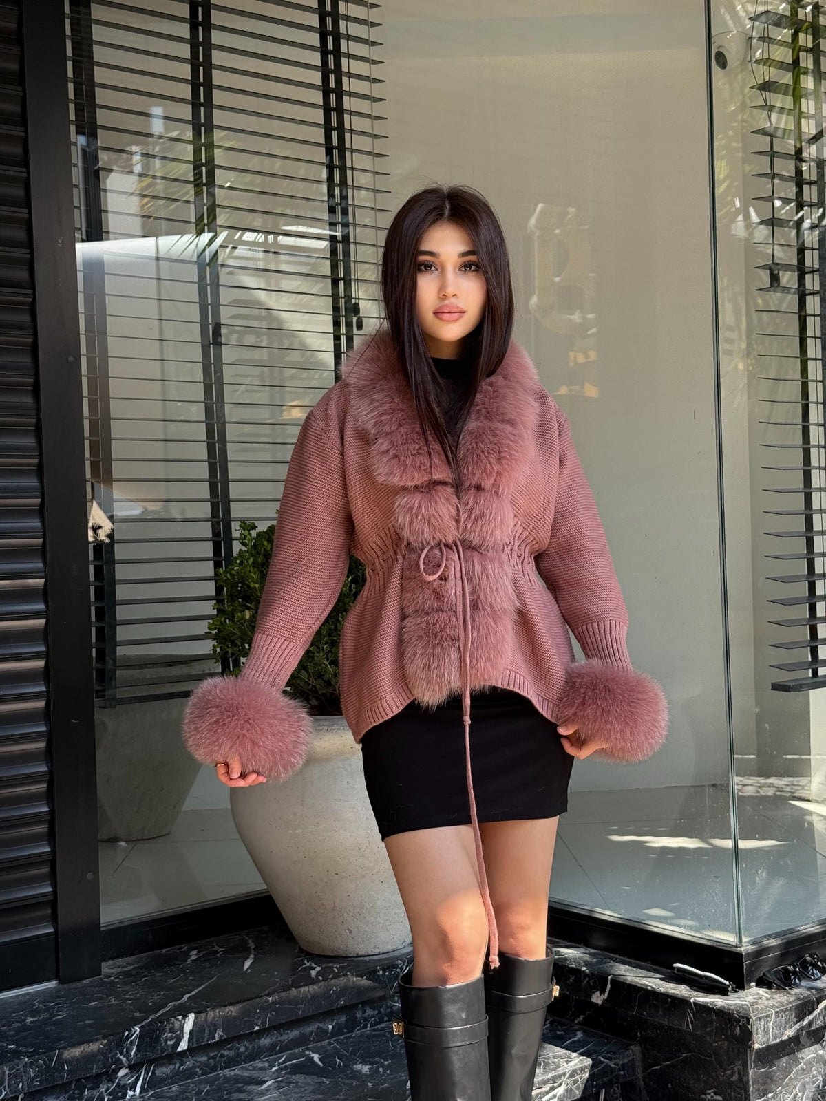 Dark Pink Handmade Women Luxury Knit Cardigan with Fox Fur Jacket –Handcrafted Short Knitwear jacket –Elegant Cable Knit Outerwear for Women