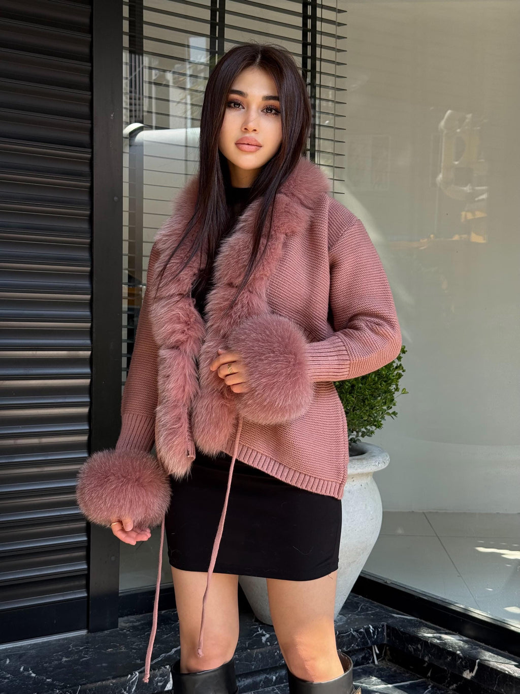 Dark Pink Handmade Women Luxury Knit Cardigan with Fox Fur Jacket –Handcrafted Short Knitwear jacket –Elegant Cable Knit Outerwear for Women