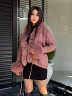 Dark Pink Handmade Women Luxury Knit Cardigan with Fox Fur Jacket –Handcrafted Short Knitwear jacket –Elegant Cable Knit Outerwear for Women