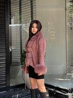Dark Pink Handmade Women Luxury Knit Cardigan with Fox Fur Jacket –Handcrafted Short Knitwear jacket –Elegant Cable Knit Outerwear for Women