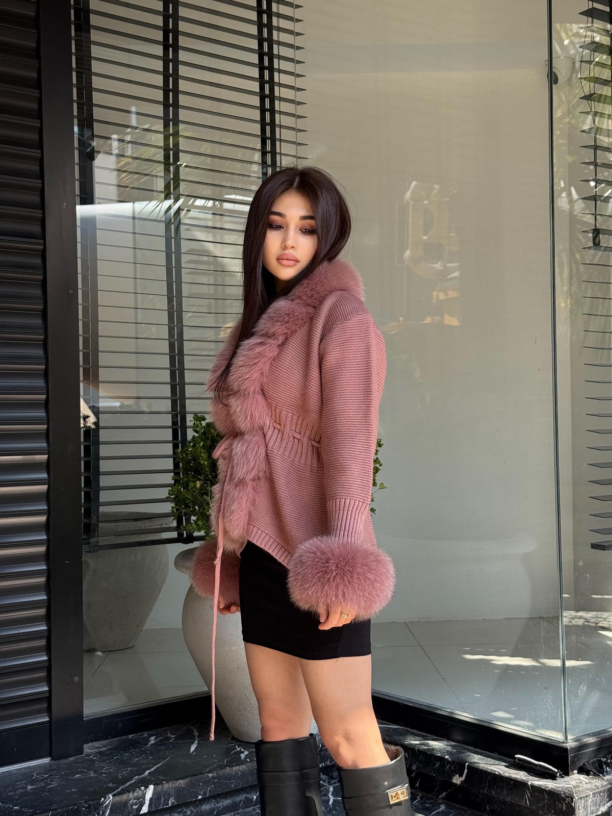 Dark Pink Handmade Women Luxury Knit Cardigan with Fox Fur Jacket –Handcrafted Short Knitwear jacket –Elegant Cable Knit Outerwear for Women