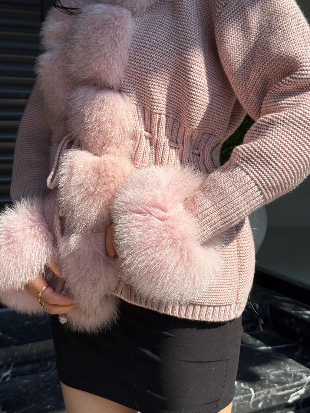 Pink Handmade Women Luxury Knit Cardigan with Real Fox Fur Trim Jacket –Handcrafted Short Knitwear jacket – Elegant Outerwear for Women