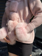 Pink Handmade Women Luxury Knit Cardigan with Real Fox Fur Trim Jacket –Handcrafted Short Knitwear jacket – Elegant Outerwear for Women