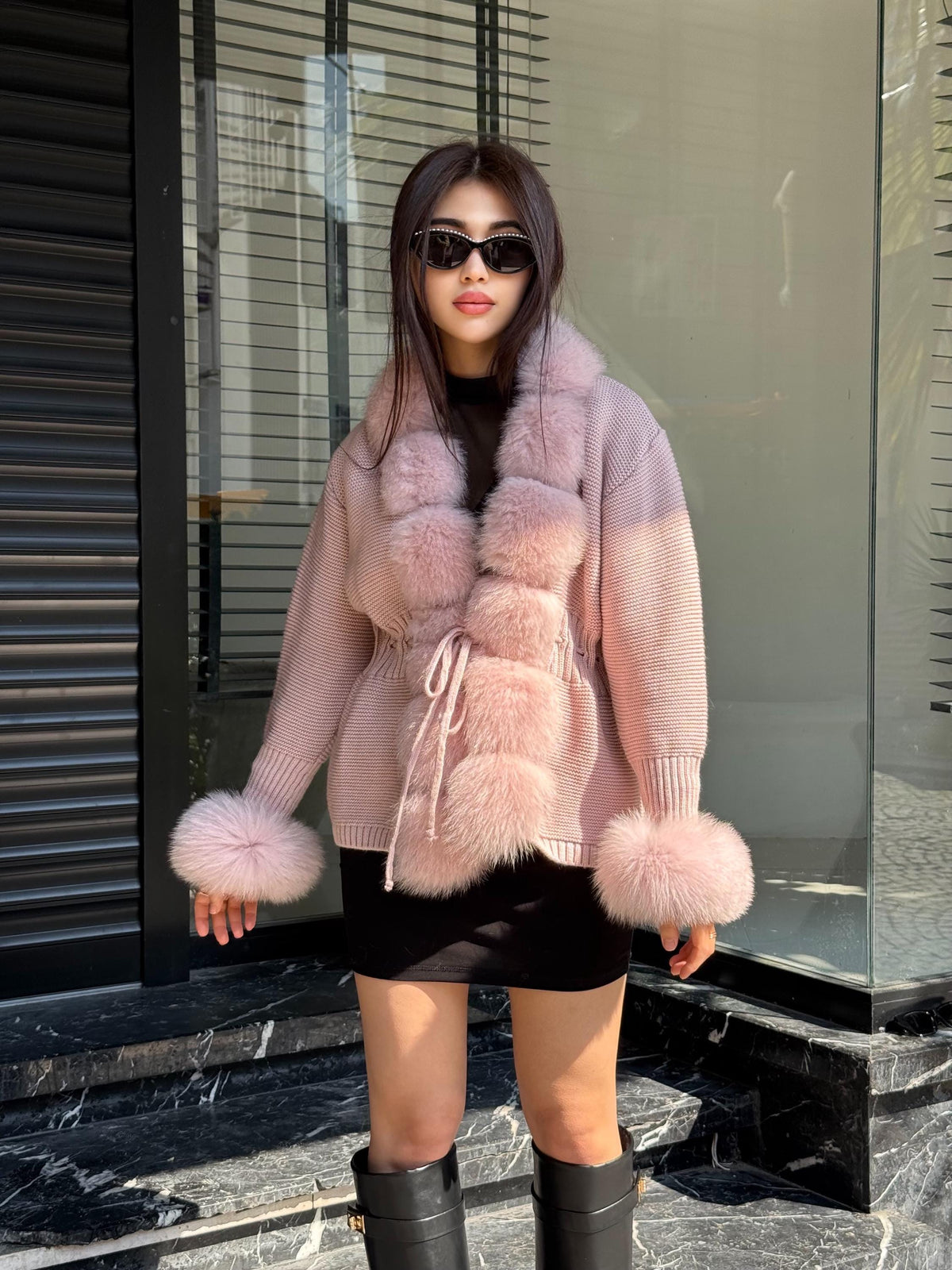 Pink Handmade Women Luxury Knit Cardigan with Real Fox Fur Trim Jacket –Handcrafted Short Knitwear jacket – Elegant Outerwear for Women