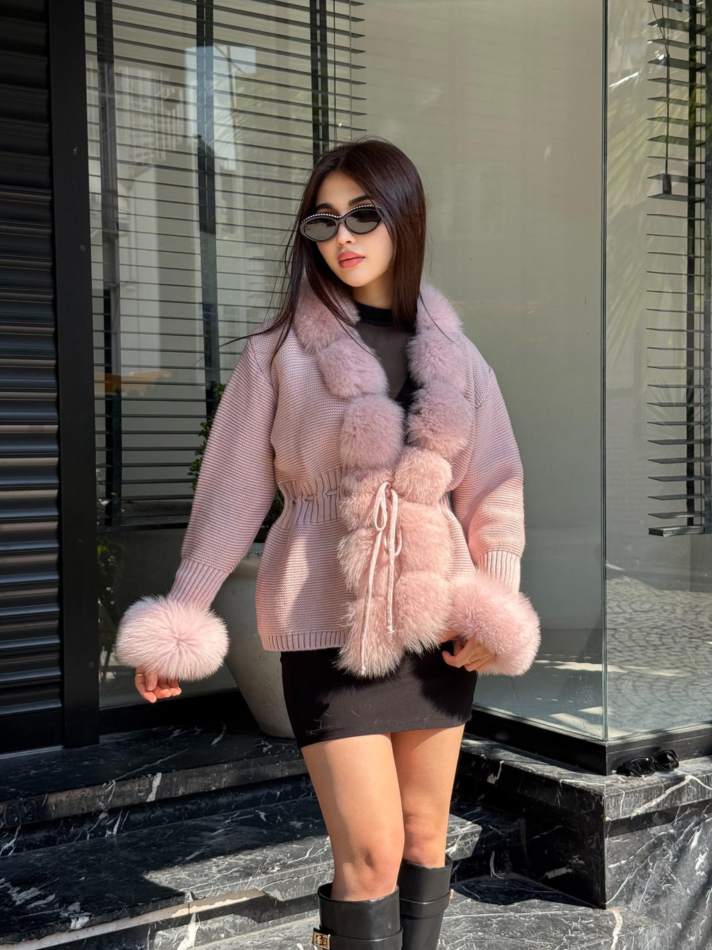Pink Handmade Women Luxury Knit Cardigan with Real Fox Fur Trim Jacket –Handcrafted Short Knitwear jacket – Elegant Outerwear for Women