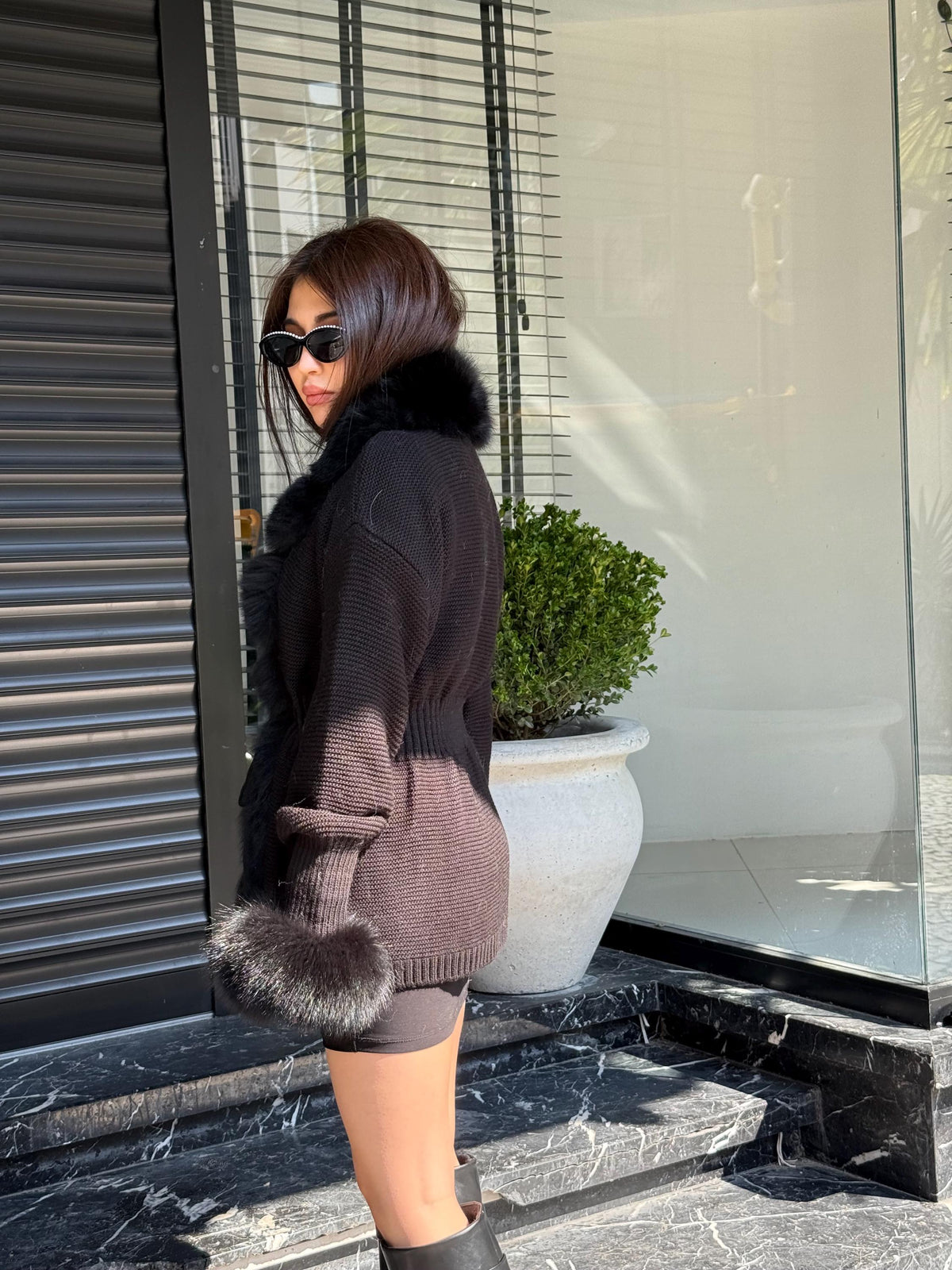 Black Handmade Women Luxury Knit Cardigan with Fox Fur Jacket –Handcrafted Short Knitwear jacket – Elegant Cable Knit Outerwear for Women