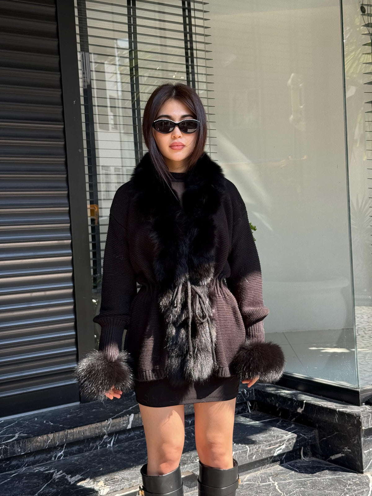 Black Handmade Women Luxury Knit Cardigan with Fox Fur Jacket –Handcrafted Short Knitwear jacket – Elegant Cable Knit Outerwear for Women
