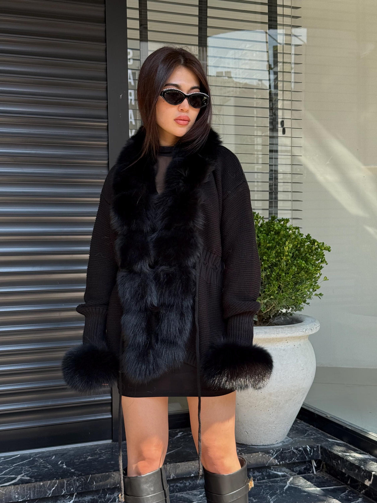 Black Handmade Women Luxury Knit Cardigan with Fox Fur Jacket –Handcrafted Short Knitwear jacket – Elegant Cable Knit Outerwear for Women