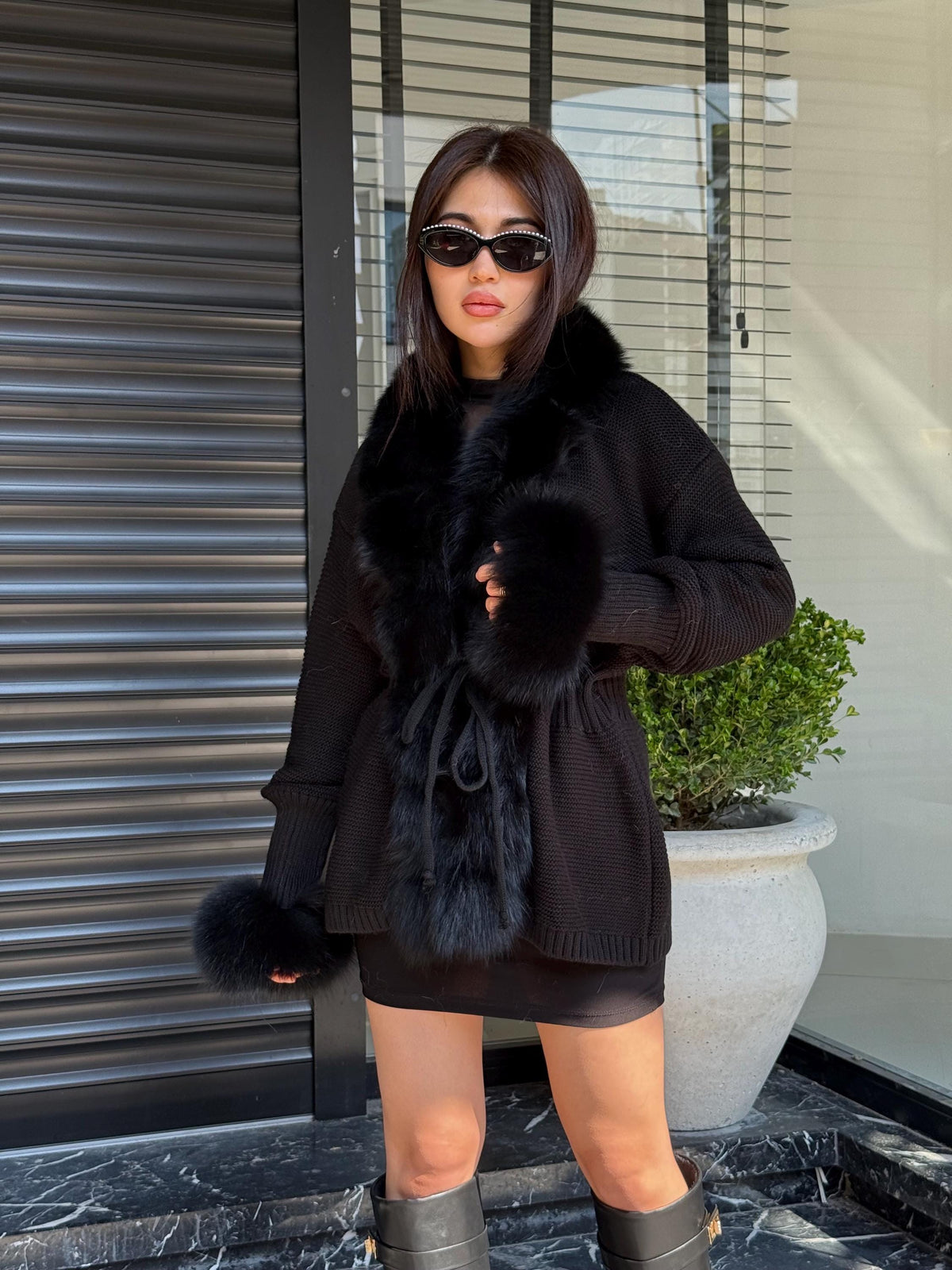 Black Handmade Women Luxury Knit Cardigan with Fox Fur Jacket –Handcrafted Short Knitwear jacket – Elegant Cable Knit Outerwear for Women