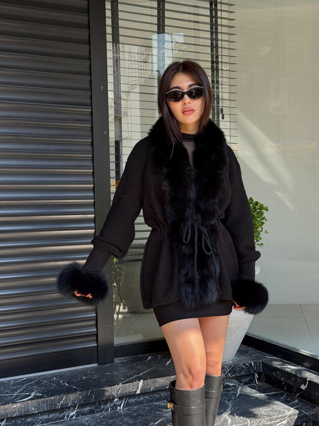 Black Handmade Women Luxury Knit Cardigan with Fox Fur Jacket –Handcrafted Short Knitwear jacket – Elegant Cable Knit Outerwear for Women
