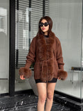 Brown Handmade Women Luxury Knit Cardigan with Fox Fur Jacket –Handcrafted Short Knitwear jacket – Elegant Cable Knit Outerwear for Women