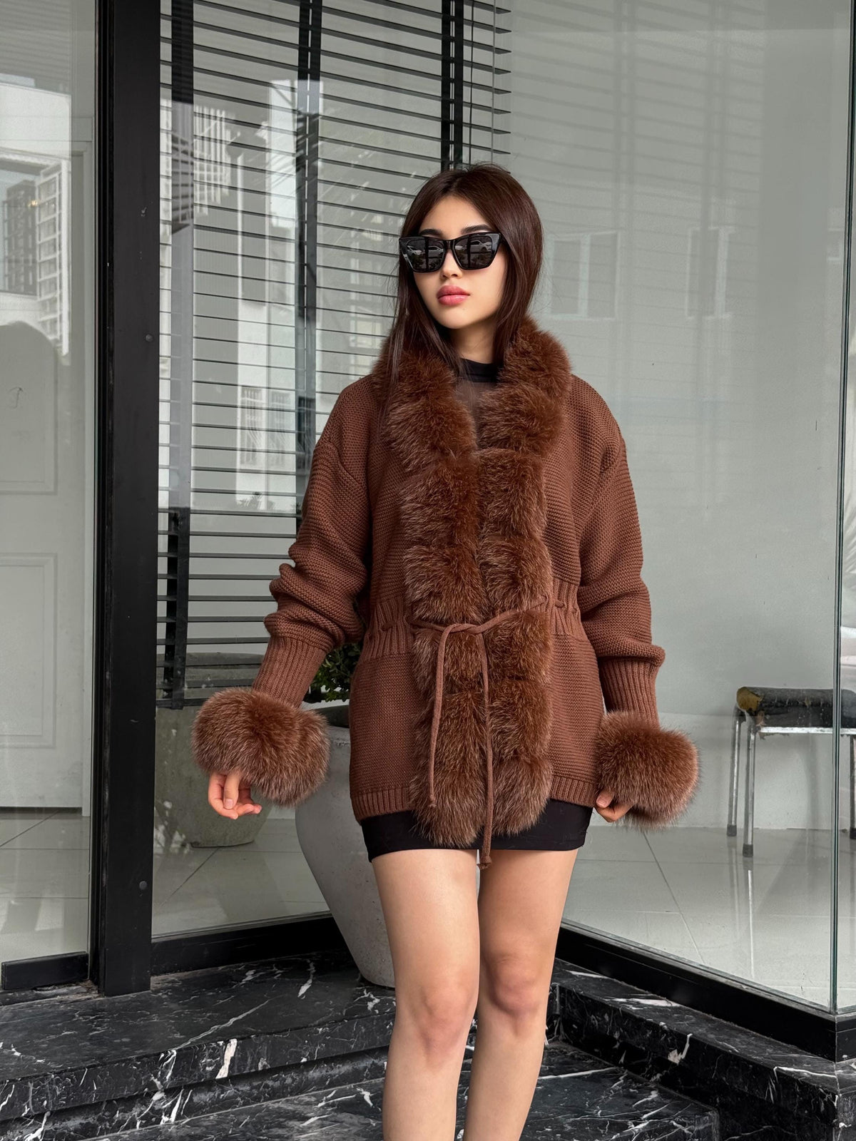 Brown Handmade Women Luxury Knit Cardigan with Fox Fur Jacket –Handcrafted Short Knitwear jacket – Elegant Cable Knit Outerwear for Women