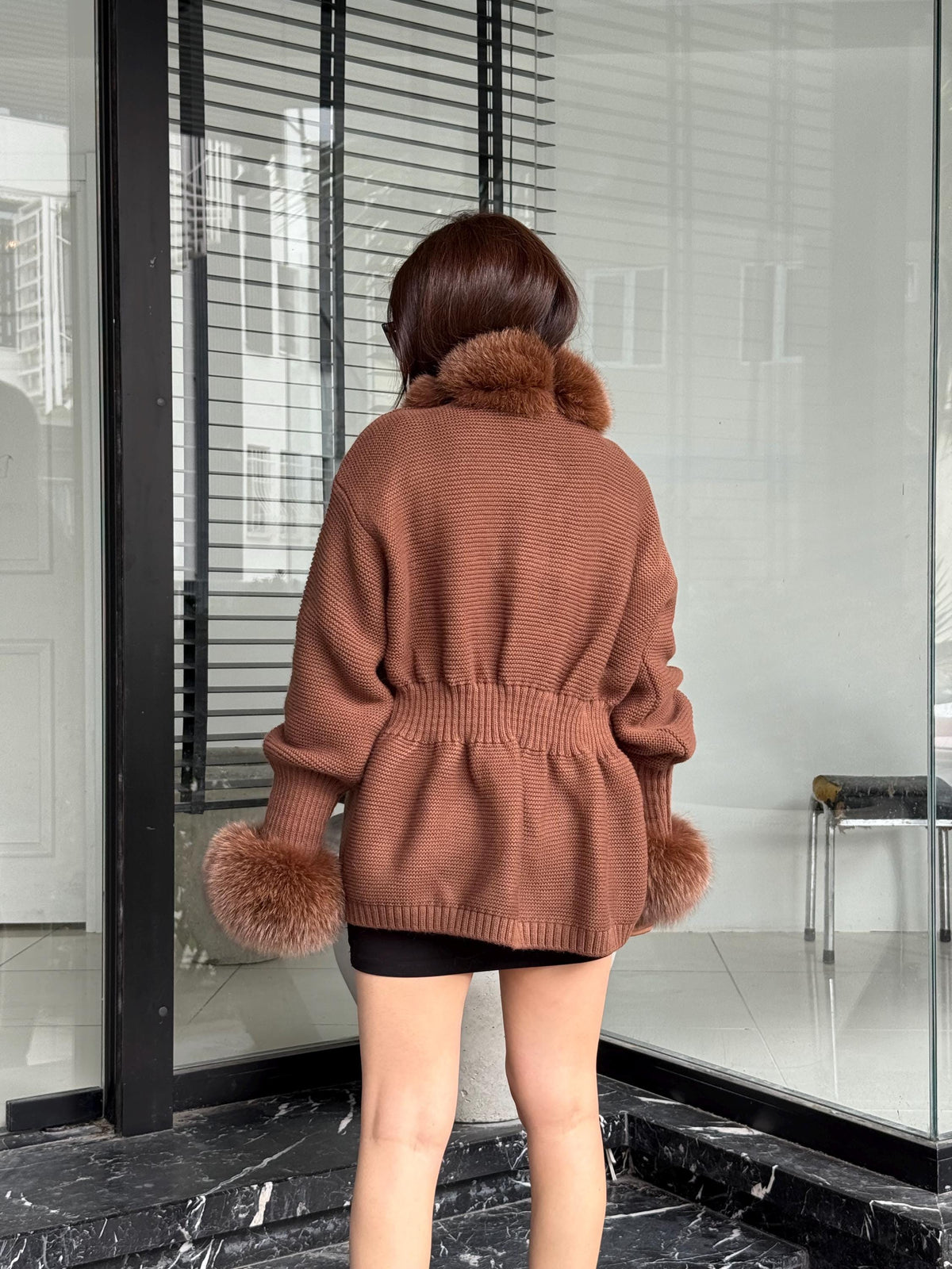 Brown Handmade Women Luxury Knit Cardigan with Fox Fur Jacket –Handcrafted Short Knitwear jacket – Elegant Cable Knit Outerwear for Women