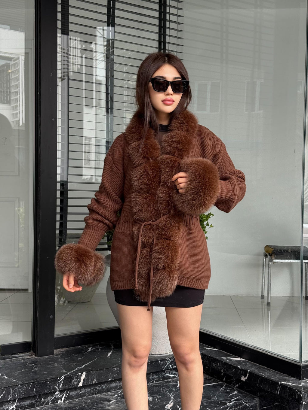 Brown Handmade Women Luxury Knit Cardigan with Fox Fur Jacket –Handcrafted Short Knitwear jacket – Elegant Cable Knit Outerwear for Women