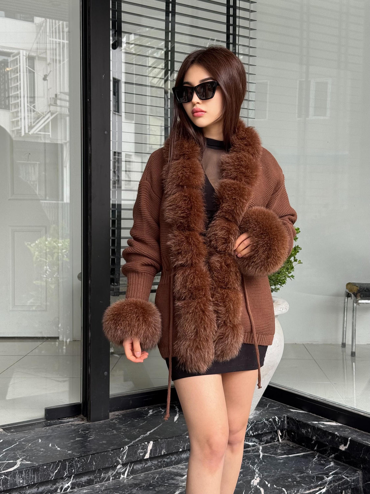 Brown Handmade Women Luxury Knit Cardigan with Fox Fur Jacket –Handcrafted Short Knitwear jacket – Elegant Cable Knit Outerwear for Women