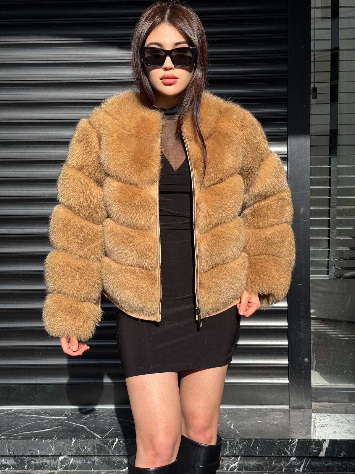 Women’s Camel Fox Fur Jacket, Luxury Handmade Detachable Sleeves Fur Coat