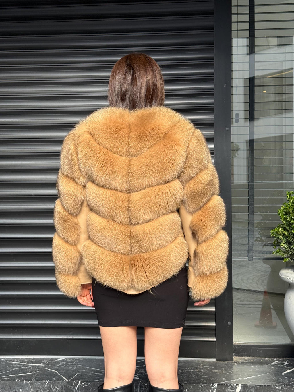 Women’s Camel Fox Fur Jacket, Luxury Handmade Detachable Sleeves Fur Coat
