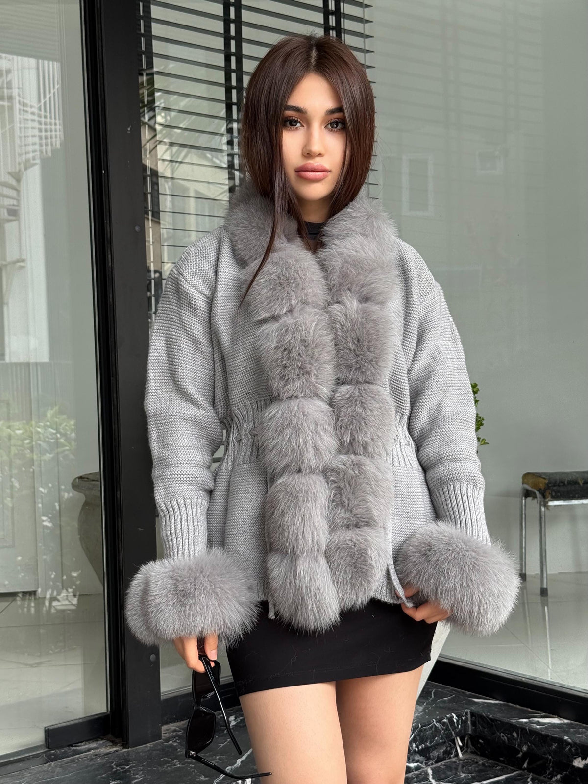 Gray Handmade Women Luxury Knit Cardigan with Fox Fur Jacket Trim –Handcrafted Short Knitwear jacket– Elegant Cable Knit Outerwear for Women