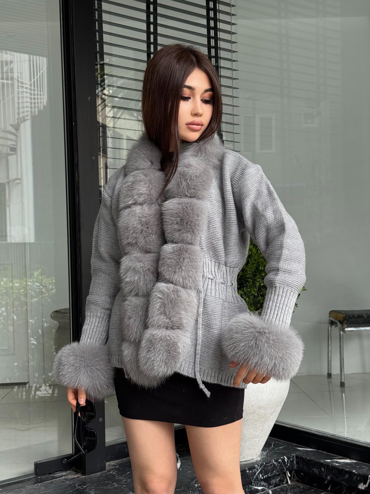 Gray Handmade Women Luxury Knit Cardigan with Fox Fur Jacket Trim –Handcrafted Short Knitwear jacket– Elegant Cable Knit Outerwear for Women