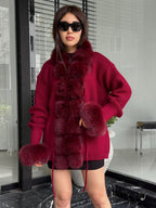 Burgundy Handmade Women Luxury Knit Cardigan with Fox Fur Jacket –Handcrafted Short Knitwear jacket – Elegant Cable Knit Outerwear for Women