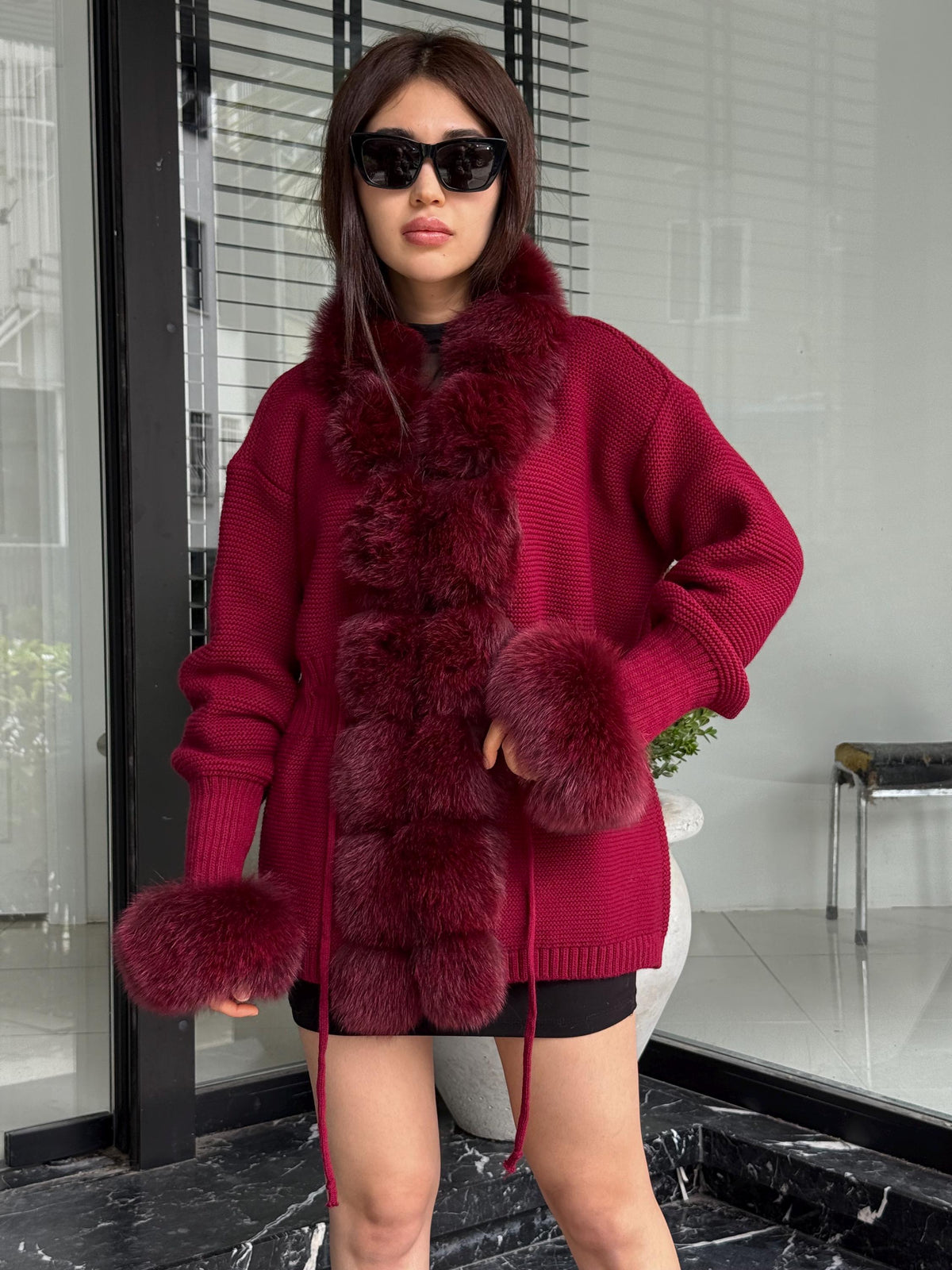 Burgundy Handmade Women Luxury Knit Cardigan with Fox Fur Jacket –Handcrafted Short Knitwear jacket – Elegant Cable Knit Outerwear for Women