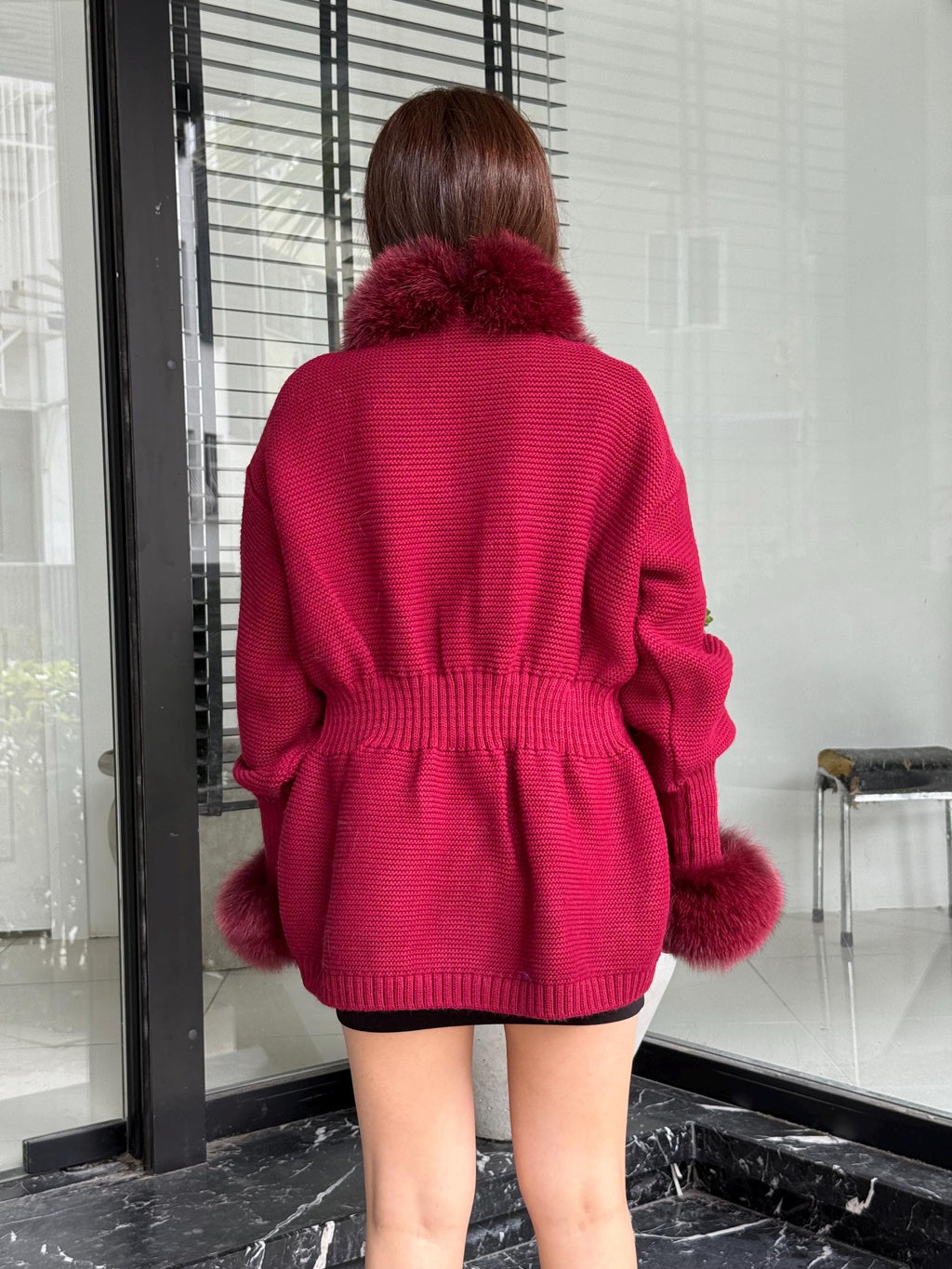 Burgundy Handmade Women Luxury Knit Cardigan with Fox Fur Jacket –Handcrafted Short Knitwear jacket – Elegant Cable Knit Outerwear for Women