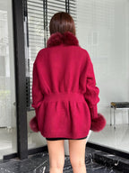 Burgundy Handmade Women Luxury Knit Cardigan with Fox Fur Jacket –Handcrafted Short Knitwear jacket – Elegant Cable Knit Outerwear for Women