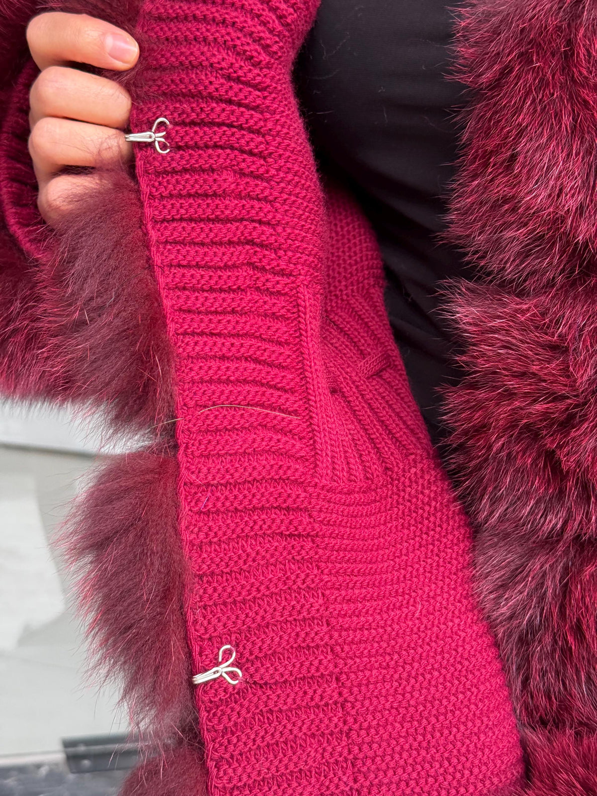 Burgundy Handmade Women Luxury Knit Cardigan with Fox Fur Jacket –Handcrafted Short Knitwear jacket – Elegant Cable Knit Outerwear for Women