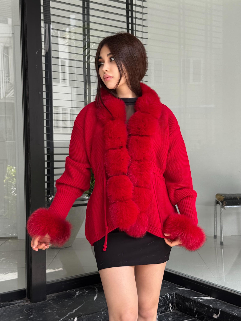 Red Women Short Knit Cardigan , Front Fox Fur Jacket