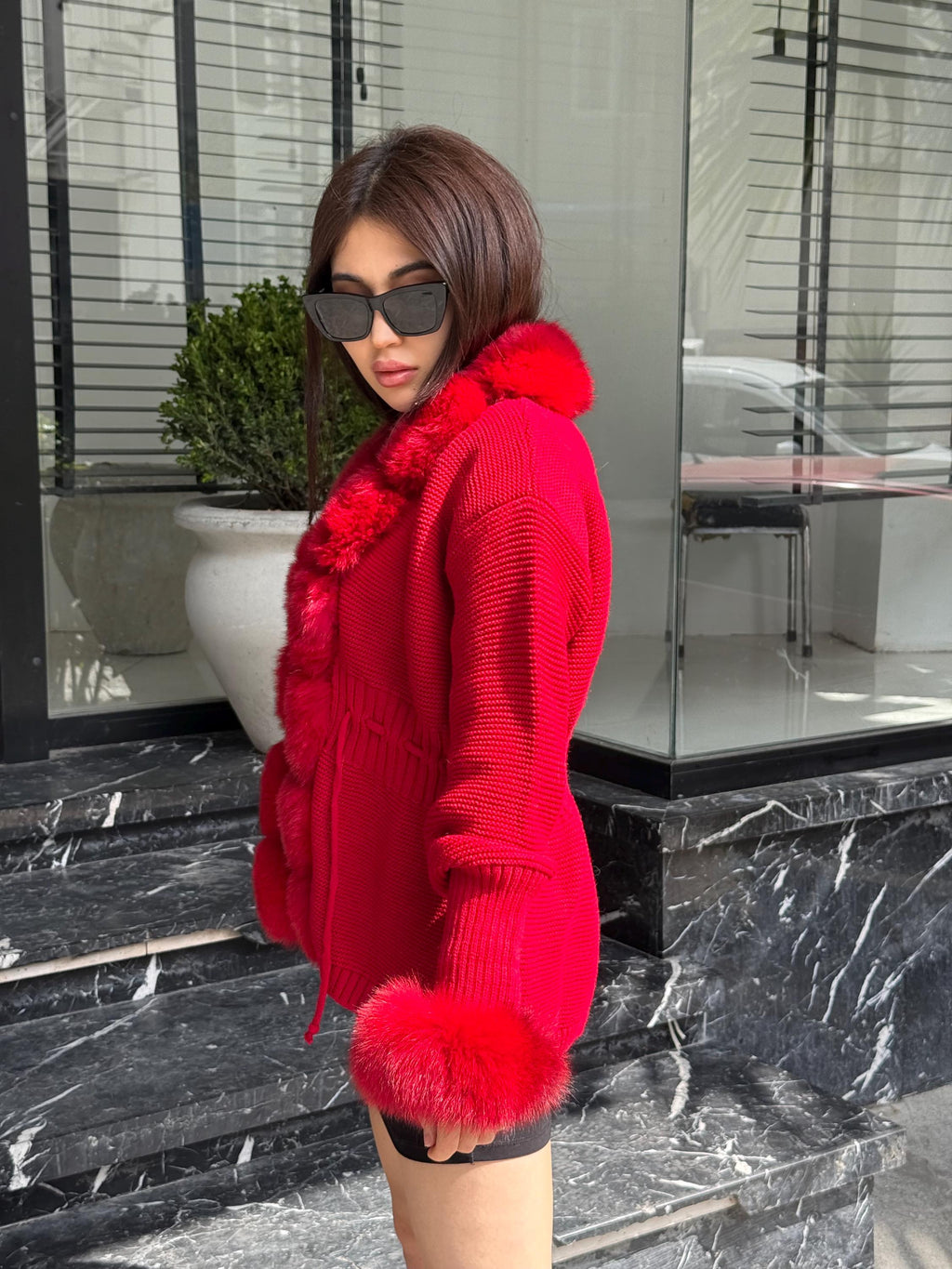 Red Women Short Knit Cardigan , Front Fox Fur Jacket
