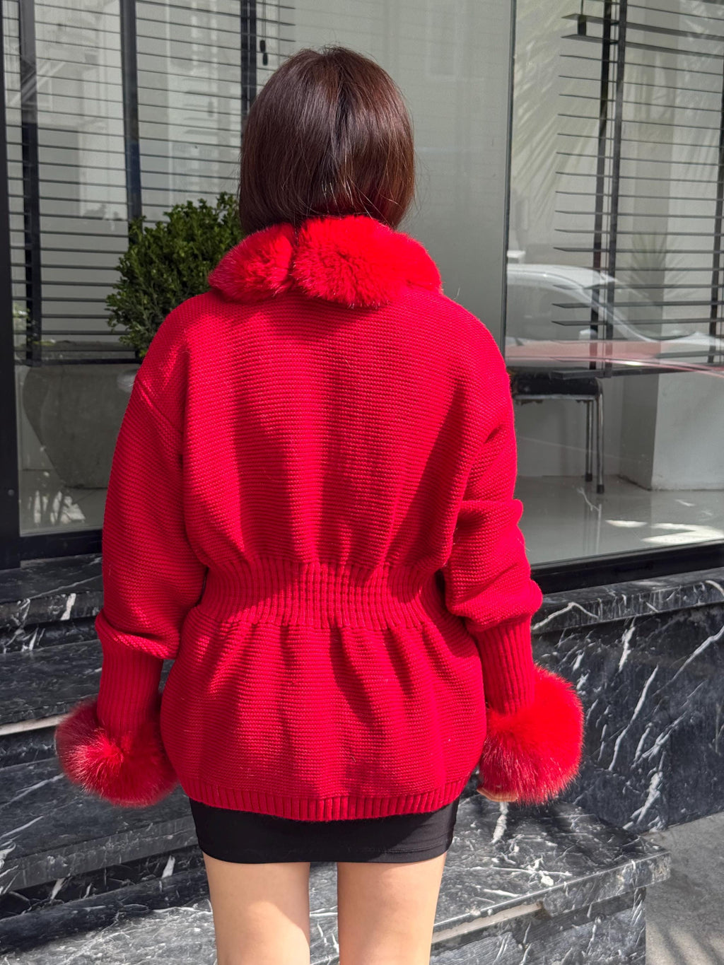 Red Women Short Knit Cardigan , Front Fox Fur Jacket