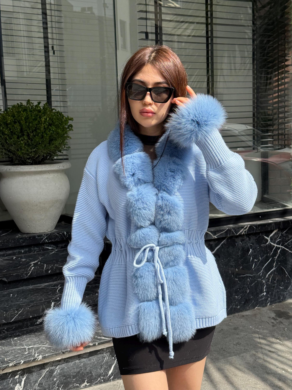 Sky Blue Handmade Women Luxury Knit Cardigan with Fox Fur Jacket –Handcrafted Short Knitwear jacket –Elegant Cable Knit Outerwear for Women
