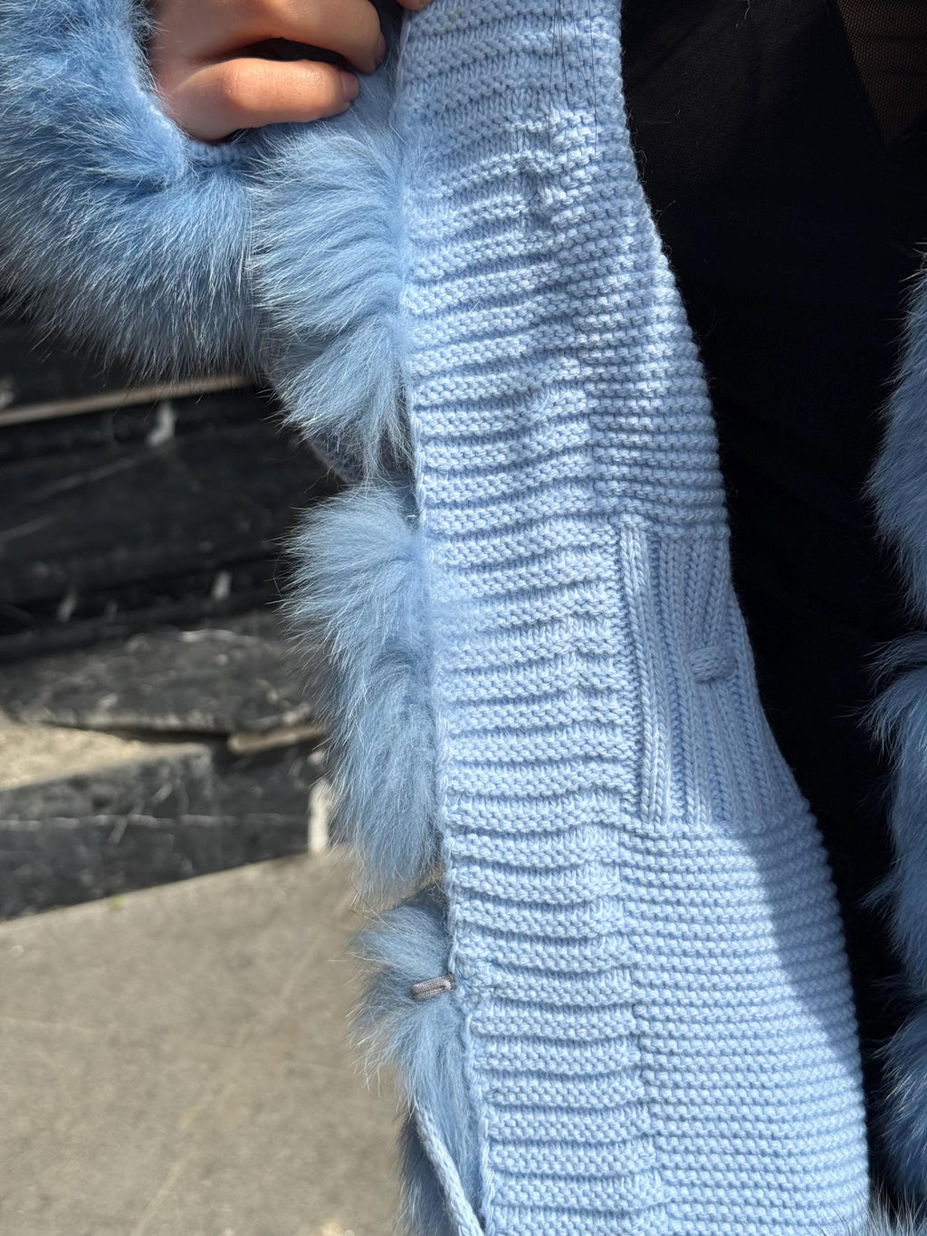 Sky Blue Handmade Women Luxury Knit Cardigan with Fox Fur Jacket –Handcrafted Short Knitwear jacket –Elegant Cable Knit Outerwear for Women