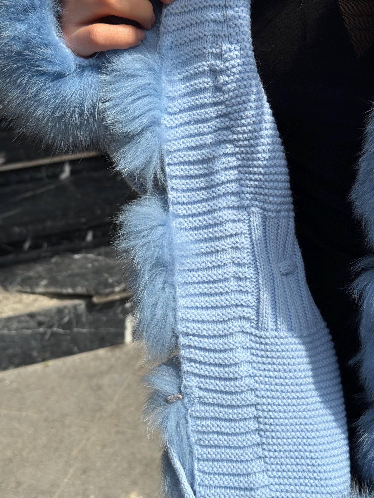 Sky Blue Handmade Women Luxury Knit Cardigan with Fox Fur Jacket –Handcrafted Short Knitwear jacket –Elegant Cable Knit Outerwear for Women