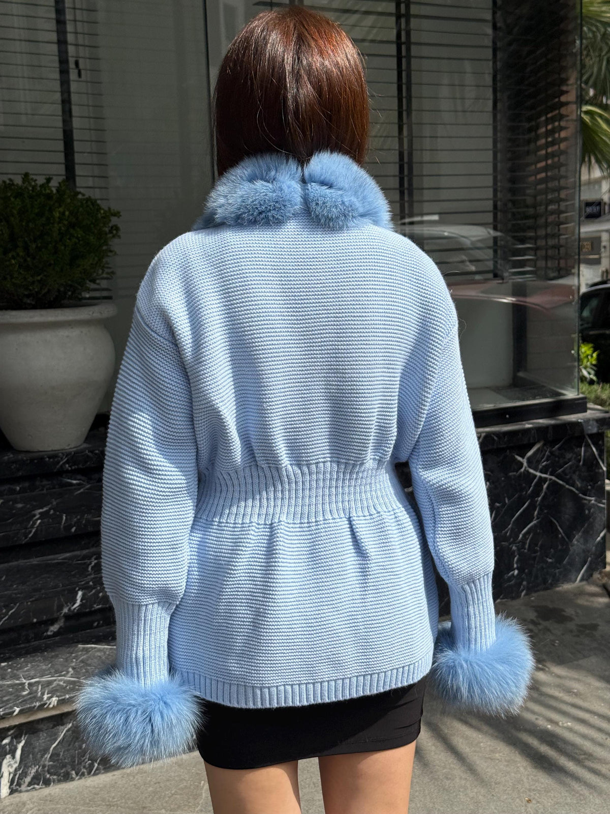 Sky Blue Handmade Women Luxury Knit Cardigan with Fox Fur Jacket –Handcrafted Short Knitwear jacket –Elegant Cable Knit Outerwear for Women