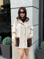 Beige Women’s Zibellino Alpaca Jacket, Short Hood Pocket Mink Fur Trim Virgin Wool Coat