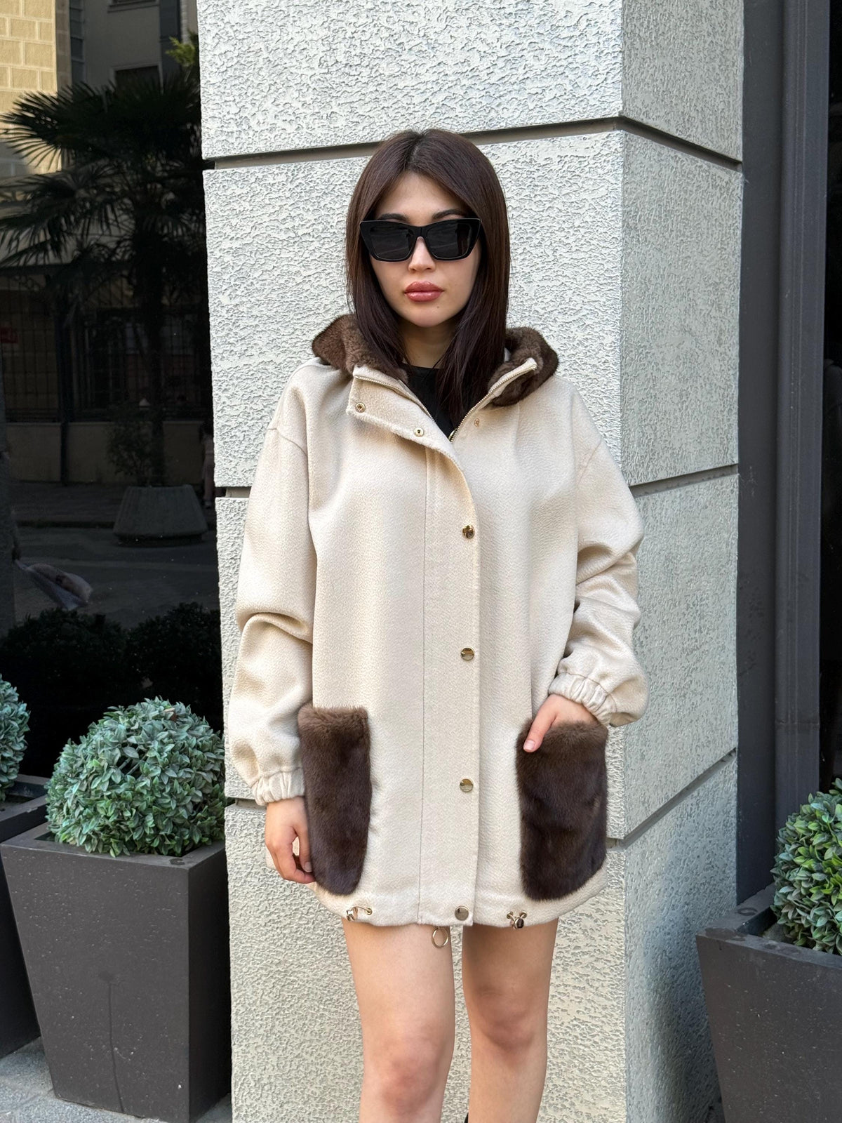 Beige Women’s Zibellino Alpaca Jacket, Short Hood Pocket Mink Fur Trim Virgin Wool Coat