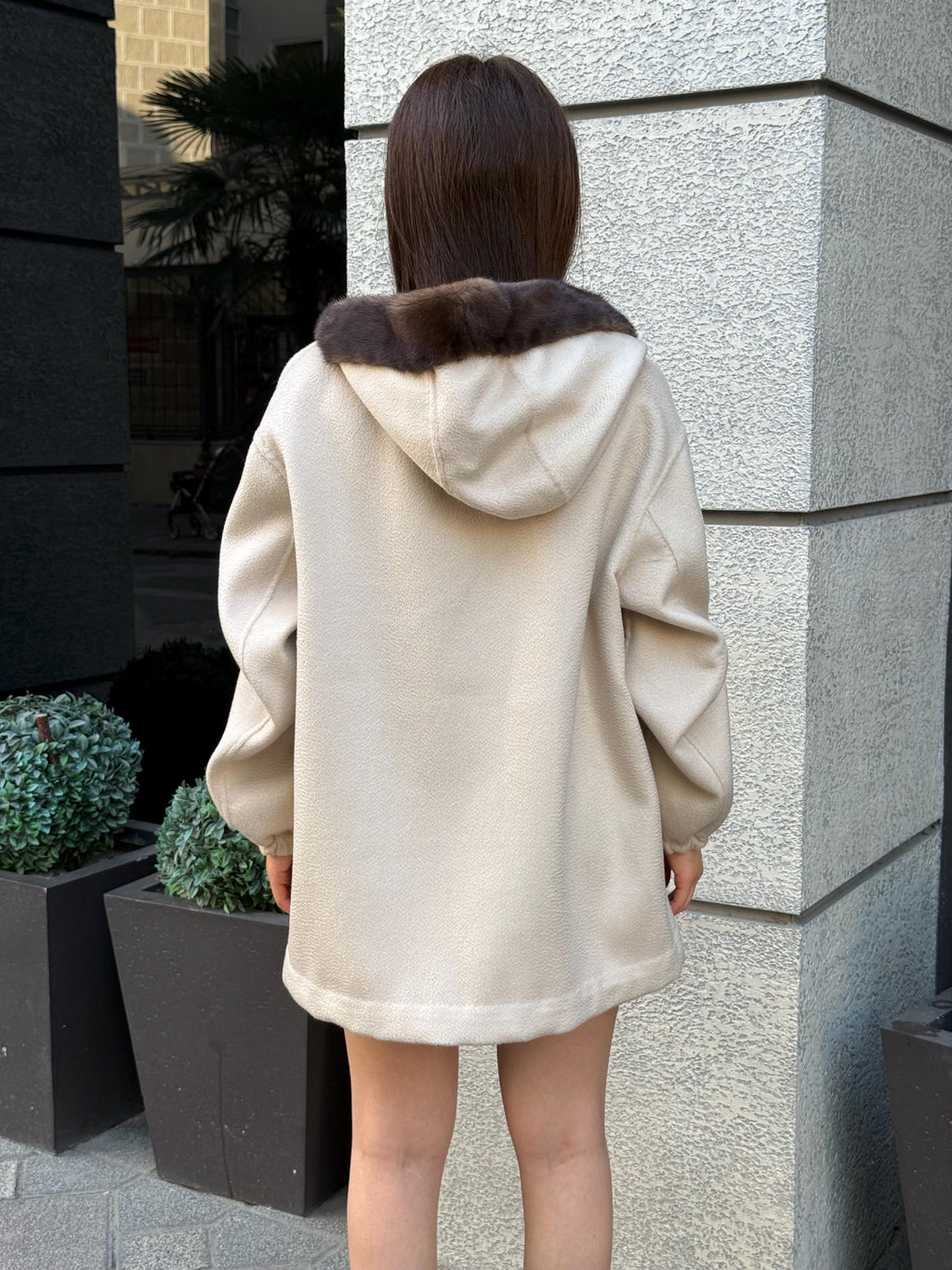 Beige Women’s Zibellino Alpaca Jacket, Short Hood Pocket Mink Fur Trim Virgin Wool Coat