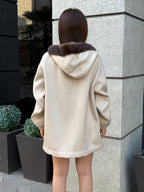 Beige Women’s Zibellino Alpaca Jacket, Short Hood Pocket Mink Fur Trim Virgin Wool Coat